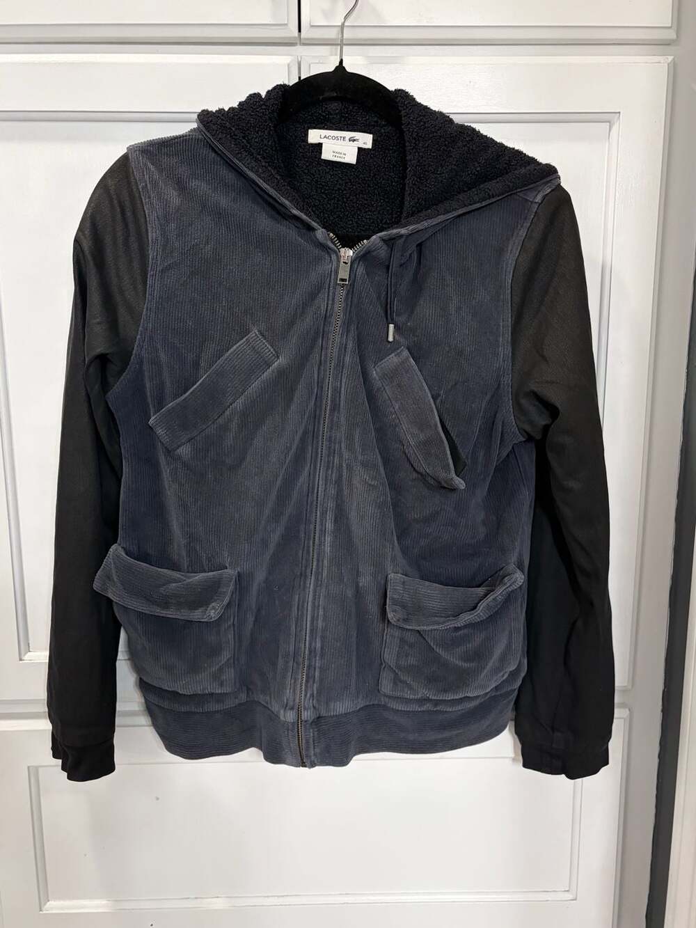 Lacoste Made in France Hooded Corduroy Sherpa Zip Jacket Black Gray Size 40